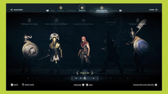 Star Wars Outlaws Assassin's Creed Mercenary System: Assassin's Creed Odyssey の Mercenaries メニューの S1 層の画像 (中央にカサンドラ)