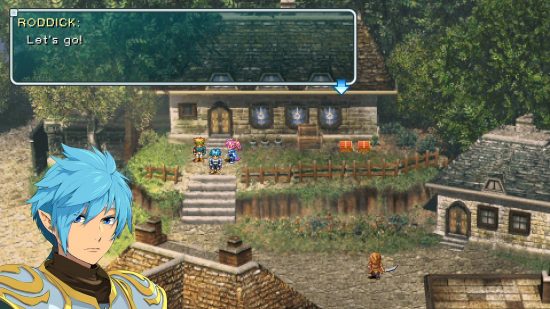 PS Plus バリュー 2023: プレミアム ゲームの 1 つであるスターオーシャン First Beginning R では、キャラクターが画面上部のテキスト ボックスを通じてプレイヤーに話しかける一方、ピクセル キャラクターが背景のドアと対話します。