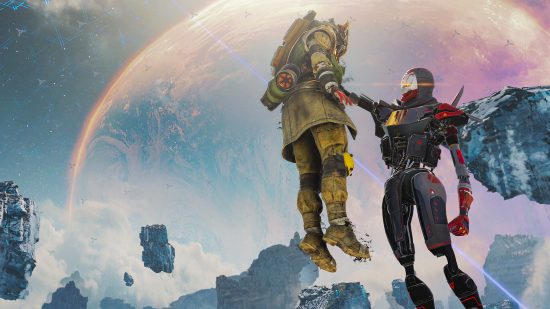 ベストクロスプレイゲーム: 『Apex Legends』の惑星を背景にブラッドハウンドを空中に抱くレヴナント。