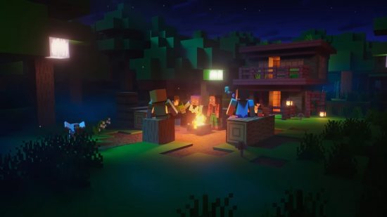 最高のクロスプレイ ゲーム: Minecraft で夜にキャンプファイヤーの周りに座っているブロック状のキャラクターのグループ。