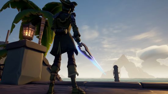 最高のクロスプレイ ゲーム: Sea of​​ Thieves で輝く青い剣を持った海賊。