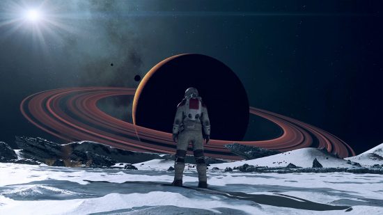 PS5 Xbox の予測 2024: 土星を見つめる宇宙飛行士のバックショット