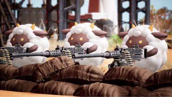 Palworld Xbox Game Pass: 搭載された機関銃を使用する 3 匹の白羊と黒羊