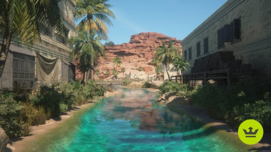 ファイナルファンタジー16 PS4限定 PS5限定：FF16に登場する、美しい青い川が流れる砂漠の街の風景。