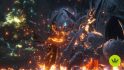 ファイナルファンタジー 16 PS4 の制限事項 PS5 限定: クライブが火の魔法を使って石蜘蛛の生き物を攻撃する FF16 のゲームプレイ。
