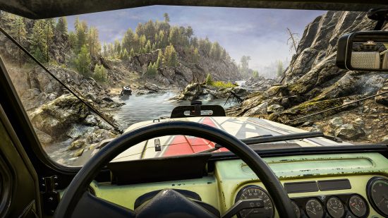 遠征車両: プレイヤーが一人称視点で大型トラックを運転して川を通過します。