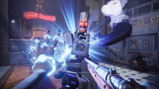 Judas Bioshock Mass Effect: プレイヤーが雷の力とライフルを使って大型ロボットを攻撃する様子を示す Judas のゲームプレイ。