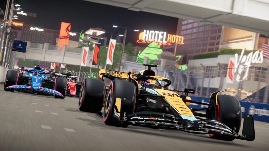 最高のレーシング ゲーム: F1 23 台のマシンが夜のトラックを駆け抜けます。