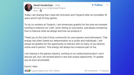 David Vonderhaar BulletFarm: Call of Duty スタジオ Treyarch からの David Vonderhaar 氏の辞任のイメージ。