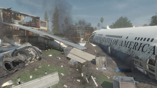 MW3 マップのリメイク: ブラック ボックス マップの画像。エア フォース ワン飛行機の残骸と背景に建物や木々が描かれています。
