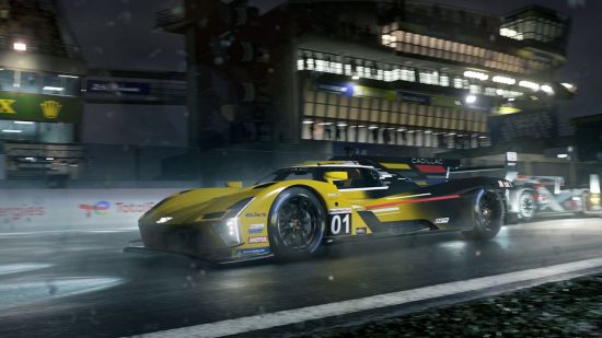 ベスト レーシング ゲーム: 雨の夜のレースに参加する黄色のレースカーのスクリーンショット