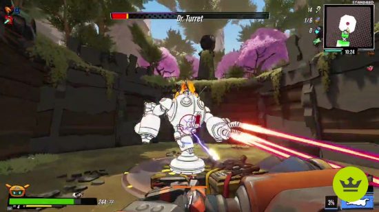 Xbox Game Pass Roboquest Borderlands meets Hades: 右側に赤いレーザーを発射する大型ロボットのボスと戦うプレイヤー。