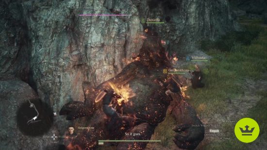 ドラゴンズ ドグマ 2 のポーン: 倒れたサイクロプスをつかんで、燃えている間に攻撃するキャラクターのグループ。