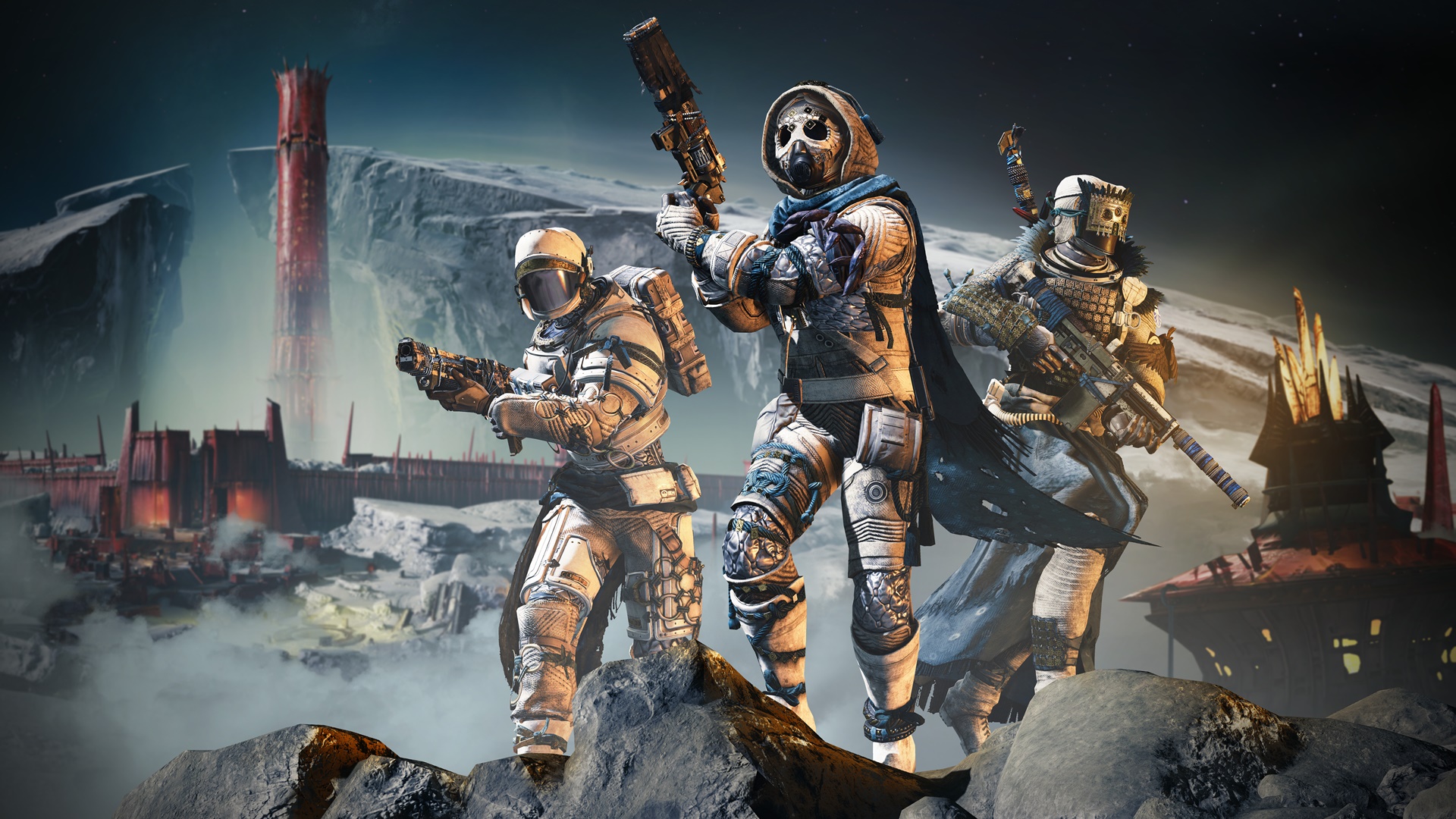 ベスト FPS ゲーム: 月の岩の上を移動する Destiny 2 の 3 人のガーディアン。