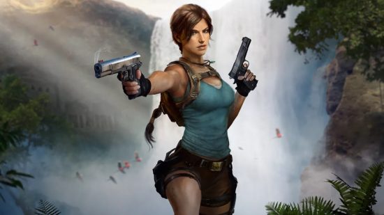 トゥーム レイダー Xbox ゲーム パス: 二丁拳銃を持ち、トレードマークの青いトップと茶色のショートパンツを着たララ クロフト