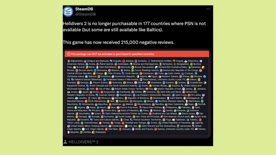 Helldivers 2 が PSN から除外されました: Helldivers 2 が PSN から除外された 177 か国の画像。
