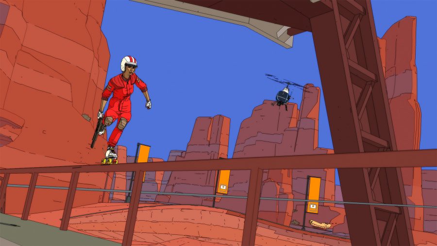 Rollerdrome レビュー PS5: 赤いジャンプスーツを着たローラースケーターが、砂漠の設定でレールに沿ってグラインドします