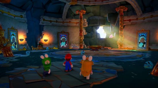 Mario and Rabbids Sparks of Hope のレビュー: 3 人のキャラクターがアーチ型の部屋に足を踏み入れる